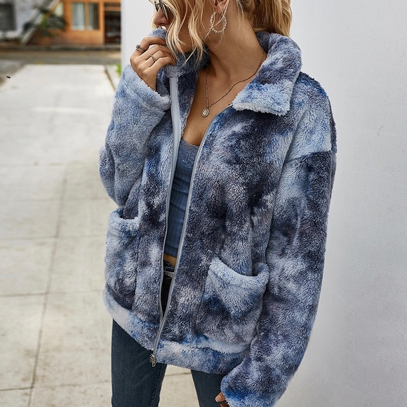 Soft Tie Dye Sherpa Fleece Jacket w/ Pockets Dark - Picture 3 of 7